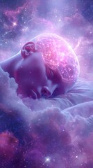 humanoid sleeping in space, transparent head showing glowing pink and violet brain, surrounded by soft nebula clouds and starlight, gentle cosmic