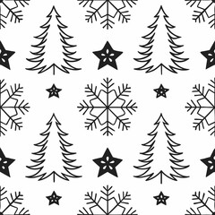 Obraz premium A repeating pattern of snowflakes, trees, and stars, black line art on white background