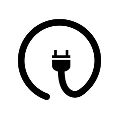 Black vector icon featuring an electrical plug and a coiled power cord forming a circle, symbolizing energy, charging, electrical connection, and power supply on a transparent background.