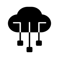 Solid black cloud computing vector icon showing three data streams downloading or uploading, perfectly symbolizing cloud storage, digital networks, and online technology.