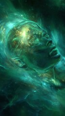 humanoid sleeping in space, transparent head showing glowing emerald and gold brain, surrounded by swirling cosmic energy, soft nebula glow, serene
