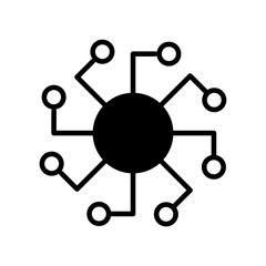 Minimalist black vector icon representing a central hub connecting multiple nodes, perfect for illustrating concepts of technology, networking, data science, and digital communication.