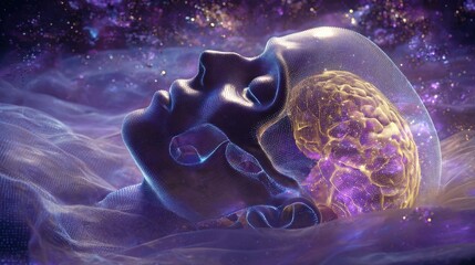 humanoid sleeping in space, transparent skull showing glowing golden and violet brain, surrounded by shimmering stardust, soft cosmic mist, tranquil