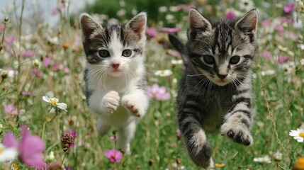 Two adorable kittens playfully jumping through a field of colorful wildflowers on a sunny day