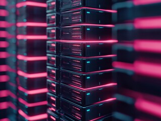 A visually striking image of servers in a data center, illuminated by vibrant pink and blue lighting, showcasing modern technology and design.