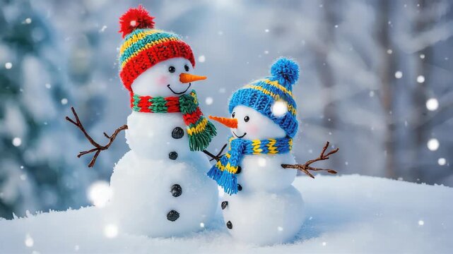 adorable snowman couple wearing colorful knitted hats and scarves, standing together on fresh white snow, gentle snowfall, dreamy bokeh background