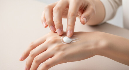 手の甲にハンドクリームをなじませる瞬間、保湿スキンケアのクローズアップ