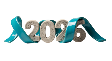 Textured 3d numbers 2026 with a flowing teal ribbon wrapped around isolated on transparent background