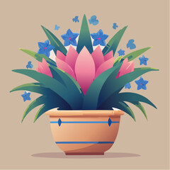 Potted pink and blue blooming plant