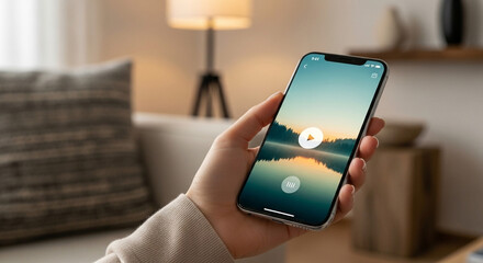 静かなリビングで瞑想アプリを操作する手、やすらぎのサウンド