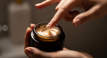 琥珀色の瓶からクリームをすくう手、しっとり保湿のスキンケア