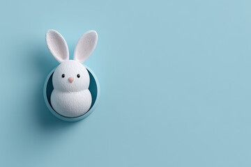 Obraz premium Rabbit or bunny egg hiding in the hole on light blue green pastel color background with shadows and blank space above minimal easter day concept