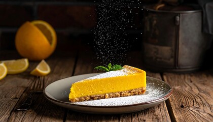 Slice of citrus dessert with powdered sugar garnish