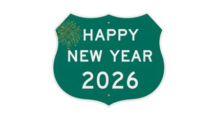 Green shield shaped sign with happy new year 2026 text and snowflake graphic isolated on transparent background
