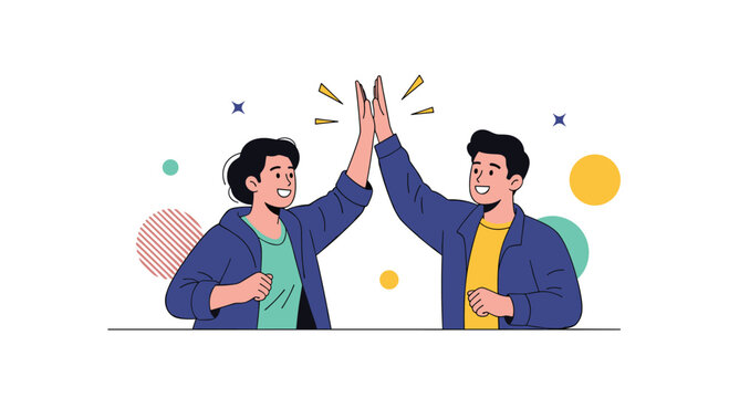 Two happy young people give each other a high five in celebration, with abstract colorful shapes in the background.