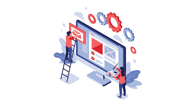 Two web designers and developers collaboratively building and optimizing a digital interface on a computer screen, highlighting teamwork and process.