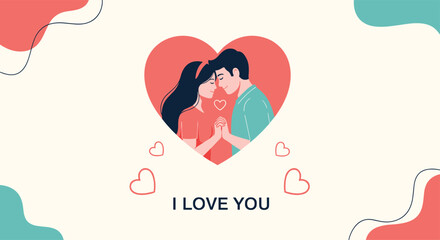 Obraz premium A romantic illustration of a loving couple holding hands within a heart, surrounded by smaller hearts and the message 'I LOVE YOU', expressing deep affection.