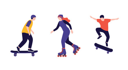Fototapeta premium Three diverse people enjoying active hobbies: skateboarding and rollerblading outdoors.