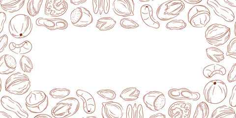 Border frame with nut, almond, cashew, peanut, walnut, hazelnut and pecan in line art style. Design for grocery store package with empty center space.