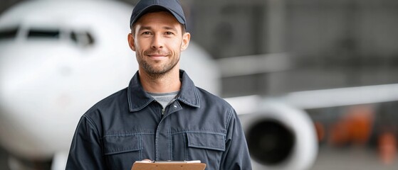 Airline ground crew member with clipboard smiling in front of aircraft at tarmac, wearing uniform and cap, conveying confident professional duty and readiness