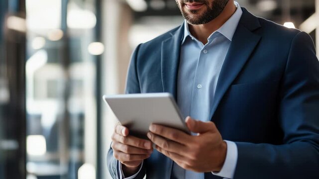 A professional man in a suit uses a tablet in an office setting, showcasing modern technology and business efficiency.