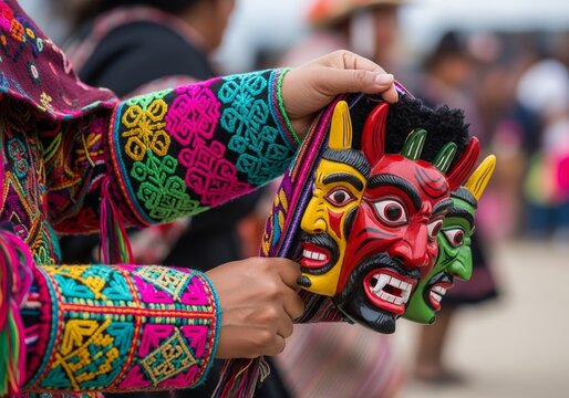 Cropped shot of hands performing a traditional dance from the Cayambe community in northern Ecuador, featuring colorful hand-embroidered costumes and Aya Huma (Diablo Huma) masks &ndash; cultural heritage, 