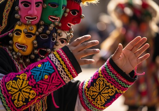 Cropped shot of hands performing a traditional dance from the Cayambe community in northern Ecuador, featuring colorful hand-embroidered costumes and Aya Huma (Diablo Huma) masks &ndash; cultural heritage, 