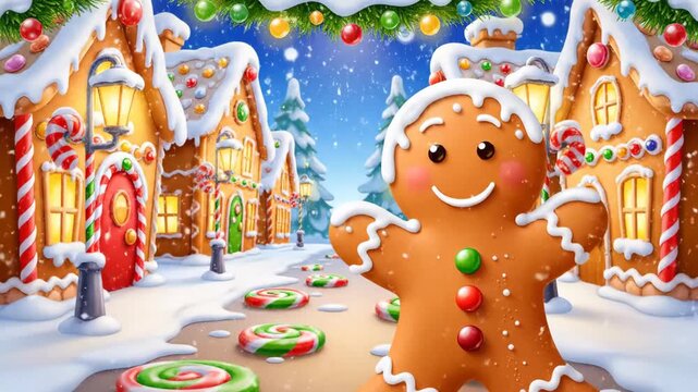 Joyful gingerbread character stands in a snowy village, surrounded by colorful candy canes and festive decorations, embodying the spirit of Christmas and holiday joy