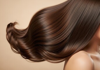 Fototapeta premium Cropped shot of a beautiful woman’s hair against a beige background, showcasing healthy, brown hair – hair care, beauty, and self-care concept