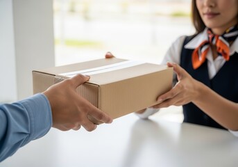 Cropped shot of a buyer’s hand handing over a carton to a woman for postal mail, representing eco-friendly retail