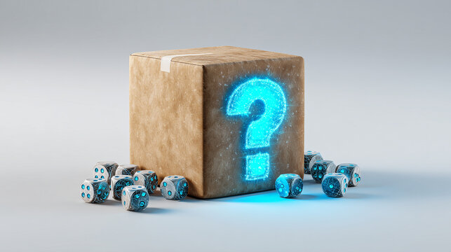 Sealed mystery box with glowing question mark and dice - Powered by Adobe