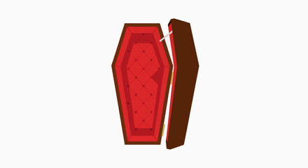 Illustration of an open coffin with red interior and brown exterior.