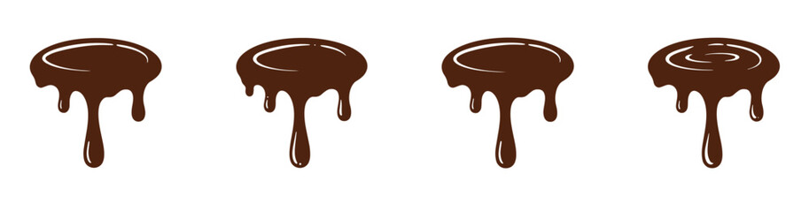 Chocolate splashes set isolated with big drops. Four stylised chocolate drip designs in brown with glossy, vector illustration.