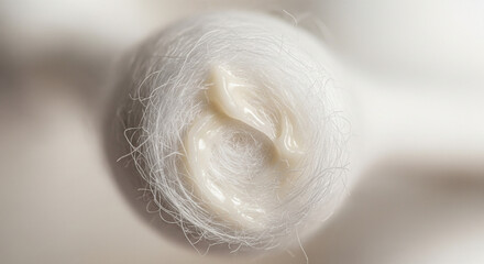 Cream Swirl on Soft White Cotton Swab Head Macro Shot

An extreme close-up, top-down macro shot focusing on the cotton tip of a cotton swab or ear bud. A small, creamy beige or pale yellow swirl 