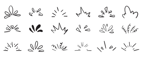Hand drawn pop surprise line frame for title headline illustration. Collected on white background. Doodle shine sunburst sparkle ray elements. Hand drawn pop surprise line frame for title headline.