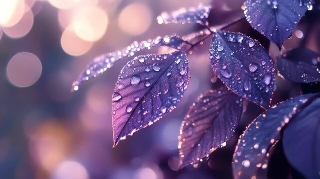 Close-up of beautiful purple leaves covered in droplets, showcasing nature's delicate details in a dreamy, ethereal setting.
