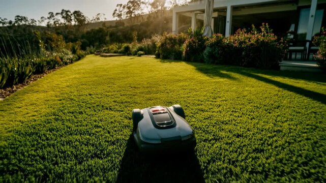 Autonomous robotic lawn mower gliding across a neatly kept backyard at sunset, representing smart home convenience, outdoor automation and modern eco‑friendly lawn care.