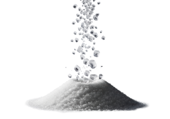 Photorealistic macro of granulated sugar crystals, translucent, razor-sharp, frozen mid-air falling onto a soft mound, dramatic backlighting, transparent background, delicate purity concept