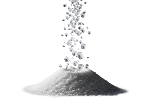 Photorealistic macro of granulated sugar crystals, translucent, razor-sharp, frozen mid-air falling onto a soft mound, dramatic backlighting, transparent background, delicate purity concept