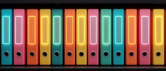 Colorful office binders neatly arranged on shelf, vertical spines with label windows and ring holes, bright cyan orange yellow pink and teal tones creating organized modern workplace energy