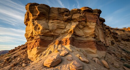 The crumbling, eroded facade of a sandstone cliff.