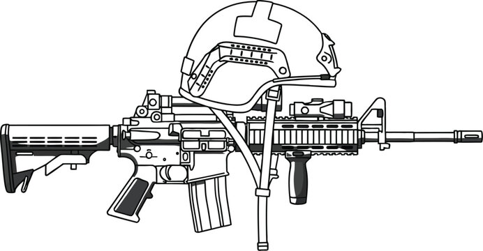 Vector art of assault rifle and helmet, equipment for military operations and combat duty