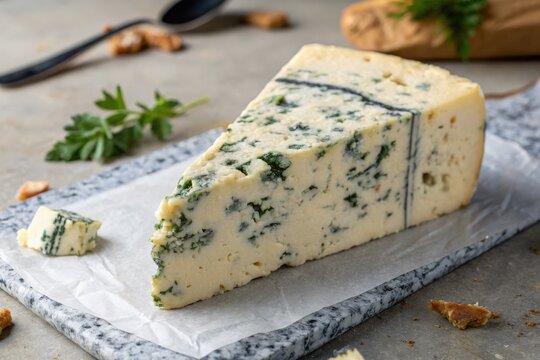 Delicious blue cheese wedge on a marble board, ready to be served