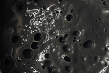Abstract close-up of dark liquid with bubbles and reflections, creating a mesmerizing texture and depth, showcasing the beauty of fluid dynamics and surface tension