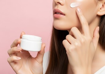Cropped shot of a woman's hand applying facial cream against a soft pink background, showing long straight hair – skin