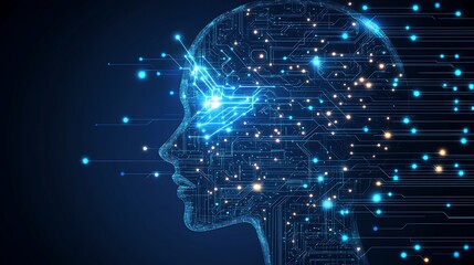 Futuristic digital brain with binary code and light representing data network concept on a blue background illustration