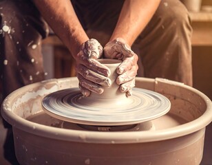 Close-up of hands shaping clay on a spinning pottery wheel