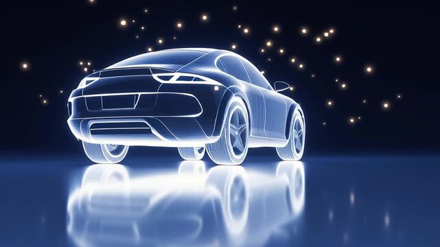 Stylized neon outline of modern car rotates slowly with blue glowing lights creating concept of innovation automotive technology and design - Powered by Adobe