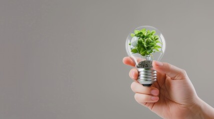 Hand Holding Light Bulb with Green Plant Inside Eco Friendly Energy Concept