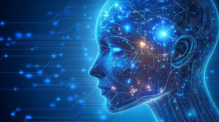 Futuristic digital brain with binary code and light representing data network concept on a blue background illustration